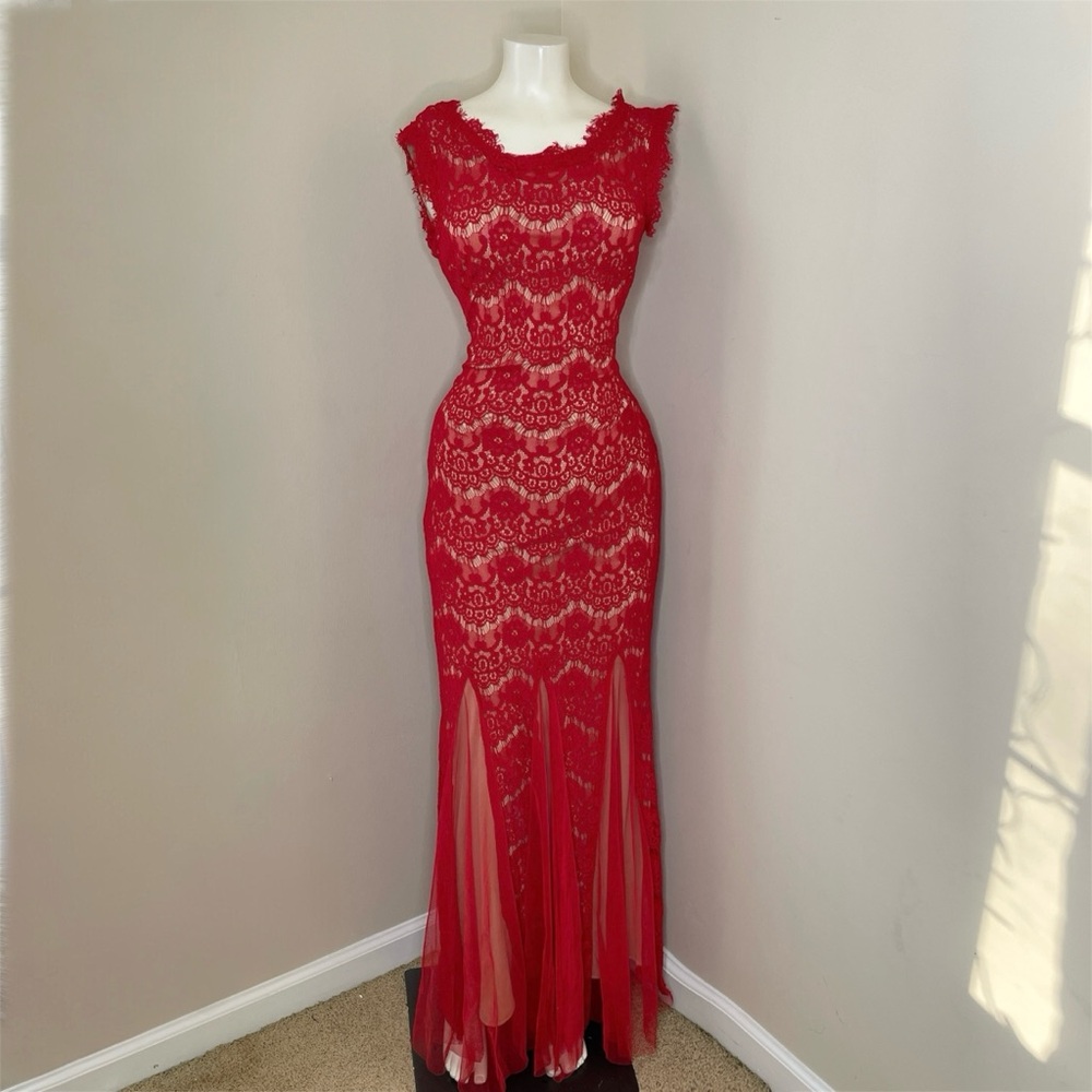 Vintage Vampy Dark Feminine Red Lace Maxi Prom Dress Gothic Glam Formal 2